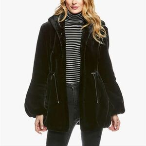 Donna Salyers Fabulous Furs Black Faux Fur Women's Jacket Coat Cinched Waist